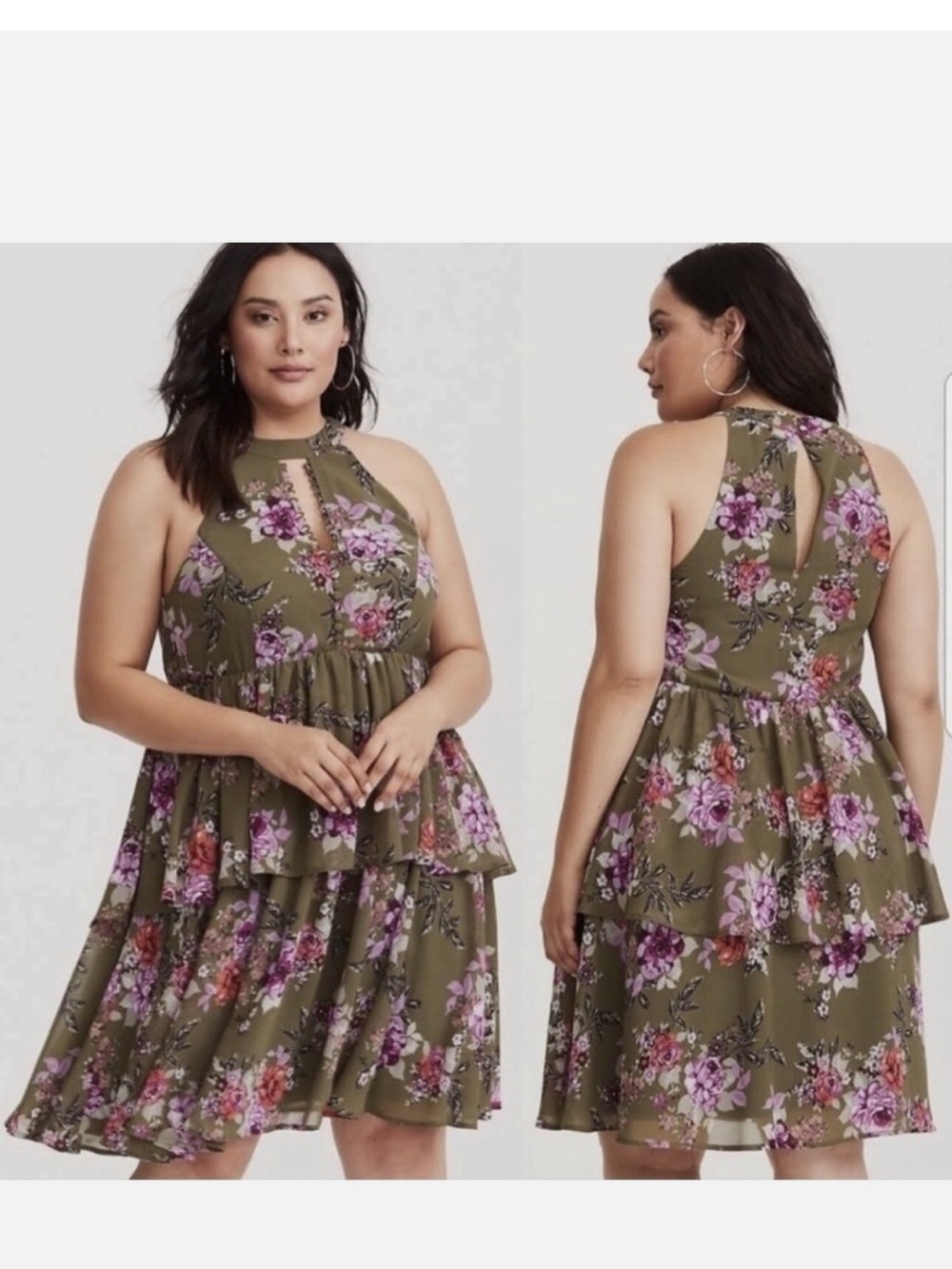 Torrid Olive Green Floral Chiffon Tiered Dress- Size 00